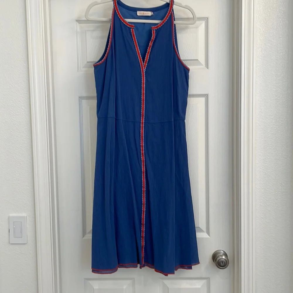 Tory Burch Royal Blue Midi Dress with Red Trim SUPER CUTE